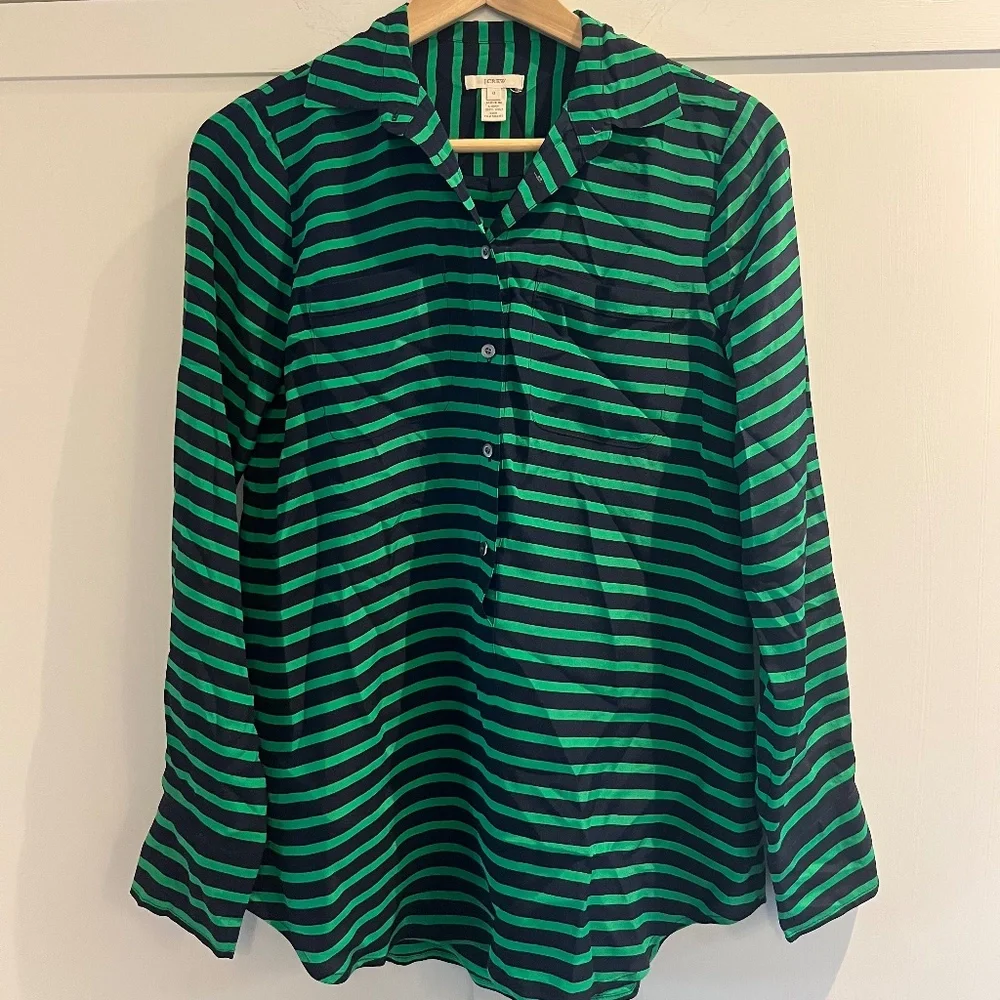 J. Crew Green and Navy Striped Button Down